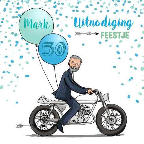 Uitnodigingskaart vijftig met Abraham op motor