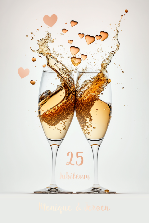 Jubileum uitnodiging champagne met hartjes en metal folie