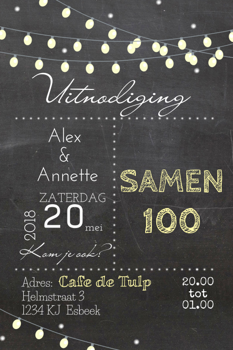 Uitnodigingskaart samen 100 in krijtbord met lichtjes