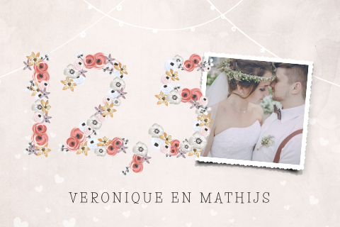 Uitnodiging huwelijksjubileum met bloemen en eigen foto