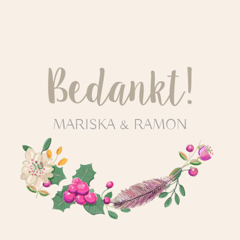 Bedankkaart bruiloft met veren takjes en bloemen