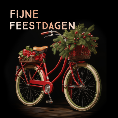 Kerstkaart met rode fiets en met kerst gevuld fiets mandje