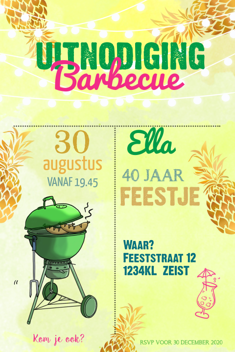 Uitnodiging tuinfeest met ananas en bbq