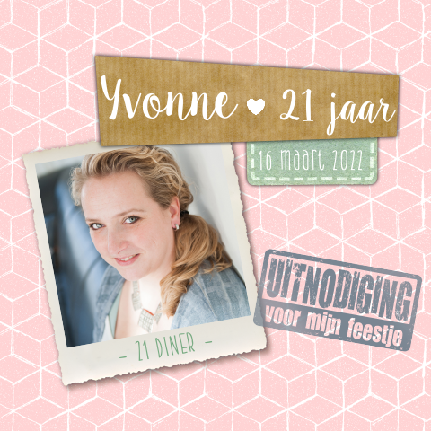 Uitnodiging 21 diner met roze achtergond, printje en foto