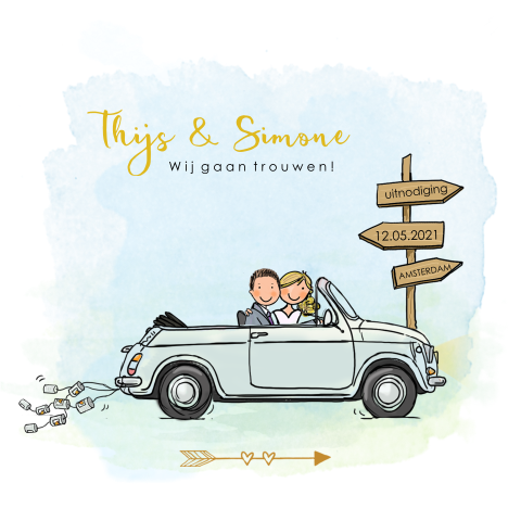 Trouwkaart met getekend bruidspaar en wegwijzer