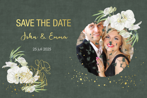 Save the date witte orchidee goudfolie