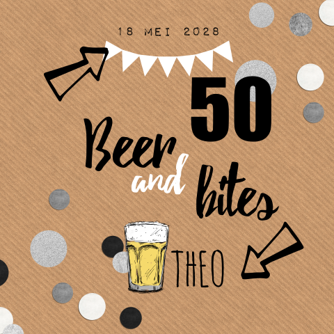 Stoere uitnodiging 50 jaar op kraft met bier en confetti