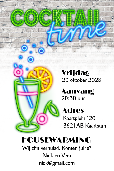 Uitnodiging housewarming met neon letters