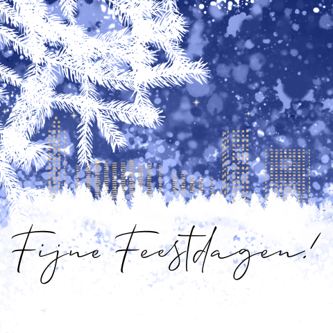 Kerstkaart winter stad blauw