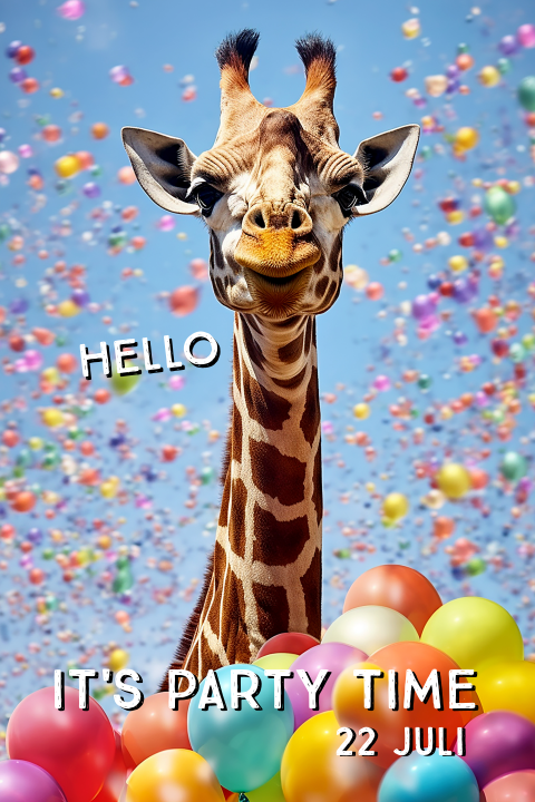 Uitnodiging Giraffe met blauwe lucht en ballonnen