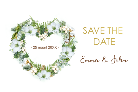 Save the date hart witte bloemen
