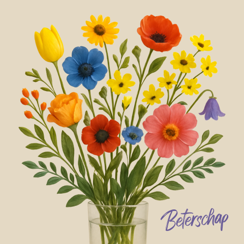 Plukboeket Beterschaps kaart met prachtige bloemen. De tekst "Beterschap" is eenvoudig aan te passen.
