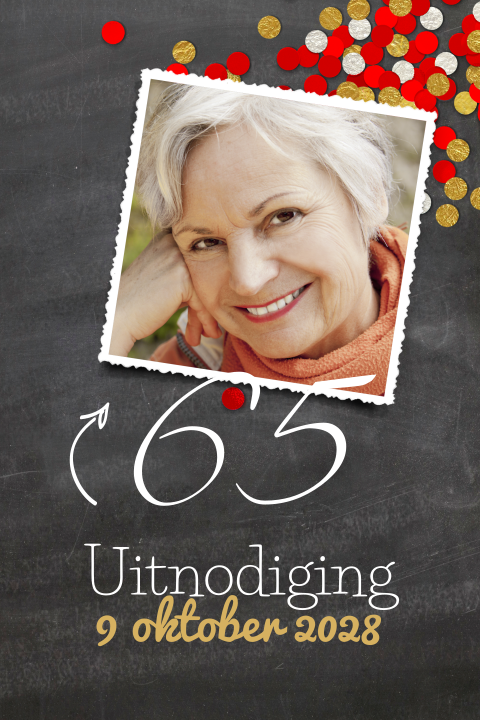 65 jaar uitnodiging met krijtbord en rode confetti