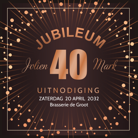 Jubileumkaart vierkant 40 jaar getrouwd glitters rosé koper