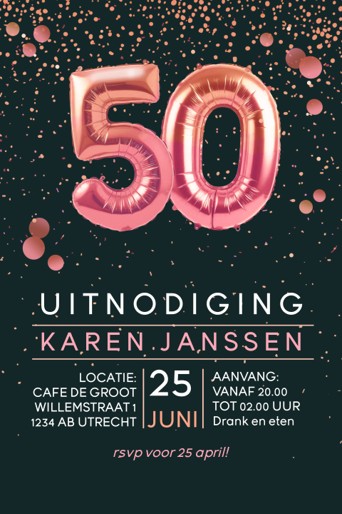 Uitnodiging 50 roze oranje ballonnen