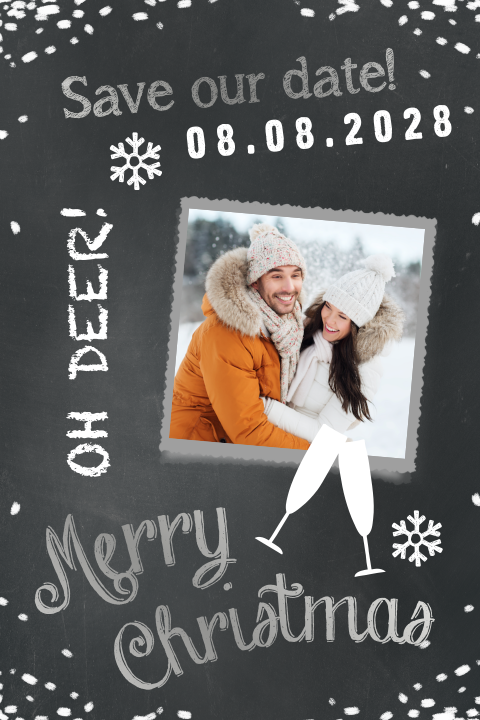 Kerst save the date kaart krijtbord, sneeuw en sneeuwvlokjes