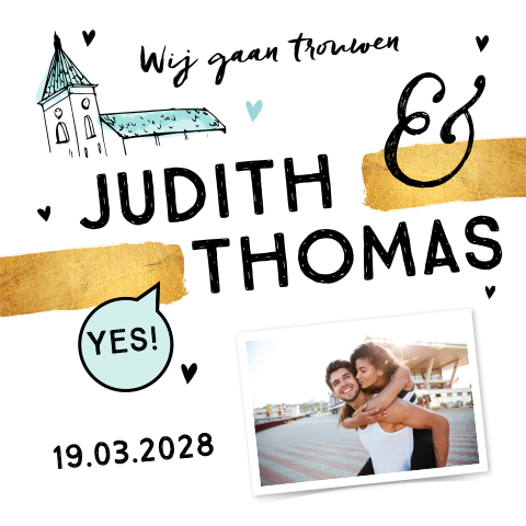 Hippe trouwkaart met getekende details