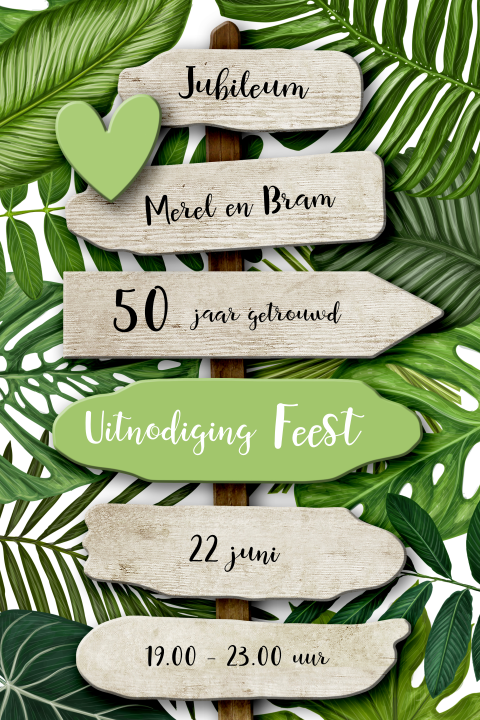 Botanische uitnodiging houten bordjes 50 jaar getrouwd