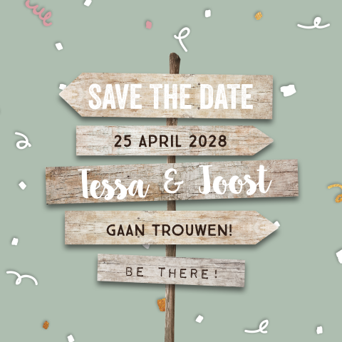 Save the date kaart met wegwijzer en confetti