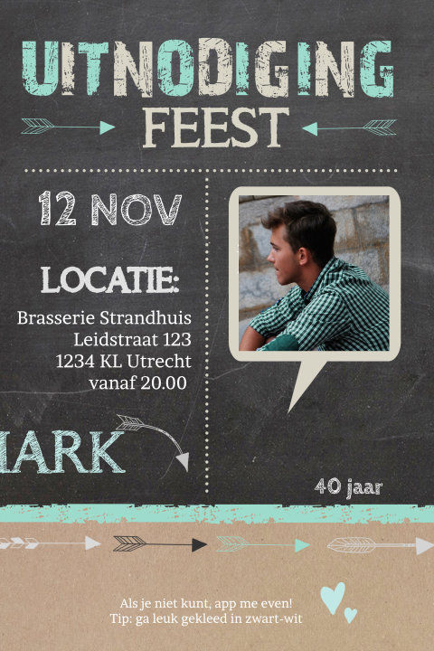 Uitnodiging verjaardag met krijtbord, mint en karton