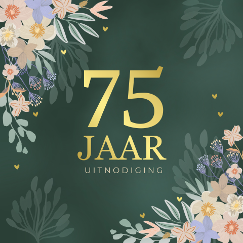 Uitnodiging 75e verjaardag in donkergroen met bloemen en goudfolie