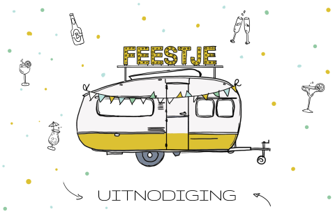 Hippe caravan uitnodiging met priklampen in hippe gele kleur