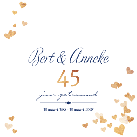 Uitnodiging 45 jaar getrouwd met gouden hartjes