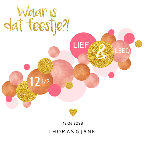 Uitnodiging 12,5 jarig jubileum met roze en goud glitter