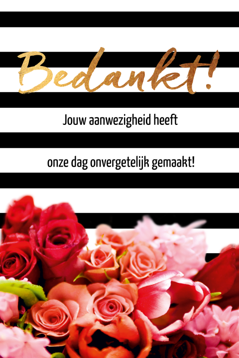 Bedankkaart met zwart wit strepen en bloemen