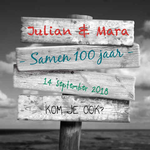 Verjaardagskaart met wegwijzer samen 100 jaar