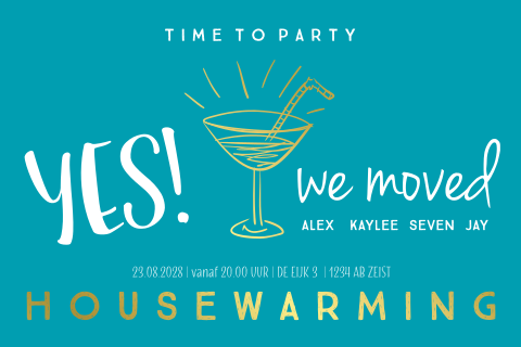 Housewarming uitnodiging met cocktailglas
