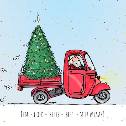 Origineel getekende kerstkaart leuke vespa en elementen