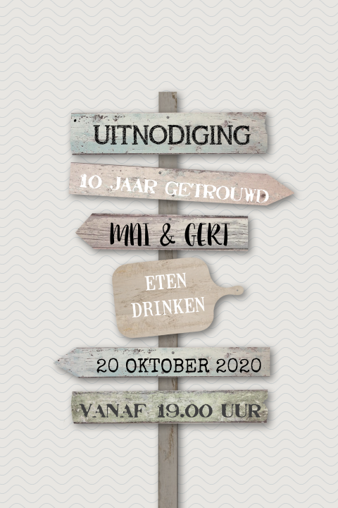 Uitnodigingskaart voor 10 jaar samen feest met wegwijzers