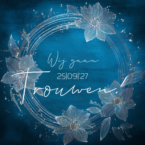 Trouwkaart sier bloemen blauw