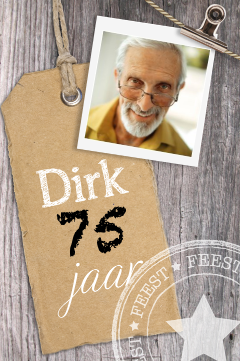 Uitnodiging 75e verjaardag met hout en kraft label