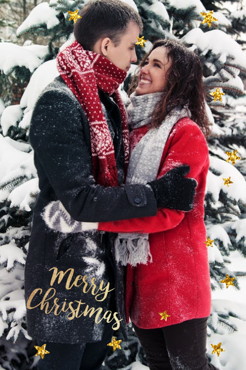 Kerstkaart met foto en gouden champagne glazen