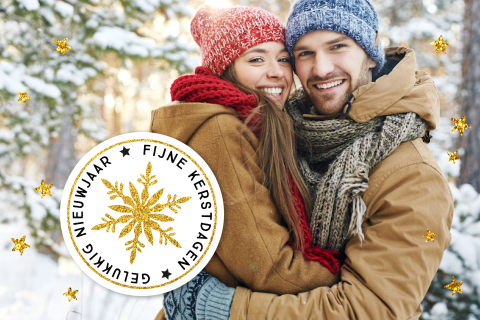Kerstkaart met foto en gouden glitter sneeuwvlok