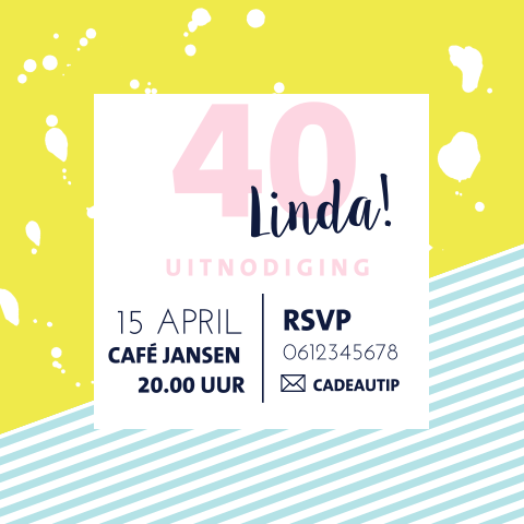 Uitnodiging 40 jaar met strepen en gele achtergrond