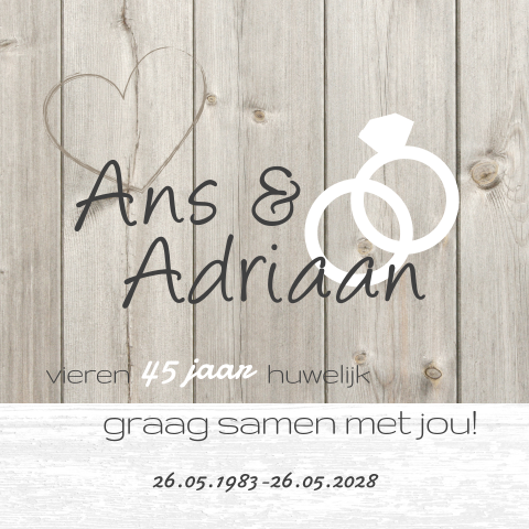 Uitnodiging 45 jaar getrouwd met hout en ringen