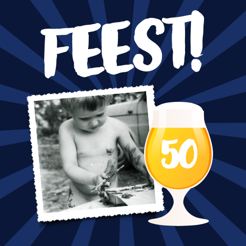 Vrolijke 50 jaar uitnodiging met bier en blauwe strepen