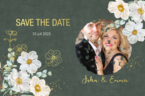 Save the date witte anemoontjes goudfolie