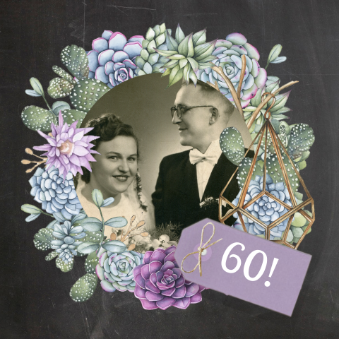 Uitnodiging huwelijksjubileum vetplantenkrans en foto