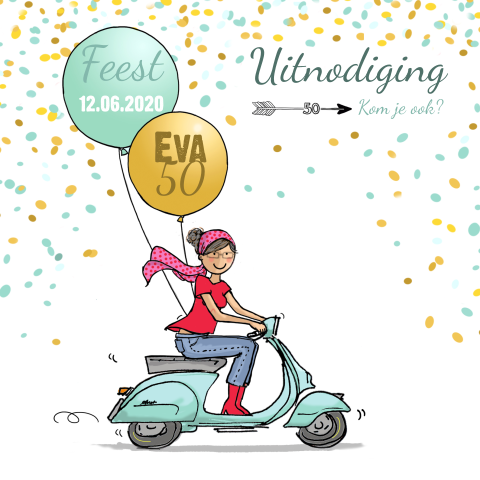 Uitnodiging vijftig jaar met ballonnen en scooter