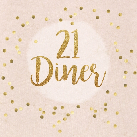 Uitnodiging 21 diner met goudkleurige confetti