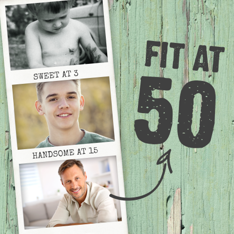 50 jaar uitnodiging met groen hout en fotostrip
