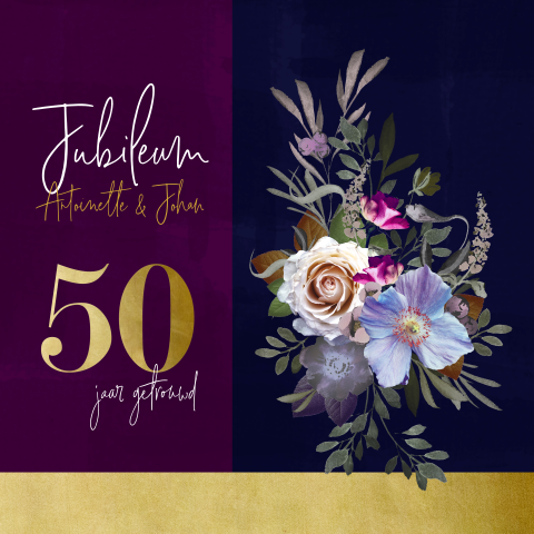 Uitnodiging 50 jaar getrouwd met stijlvol boeket bloemen