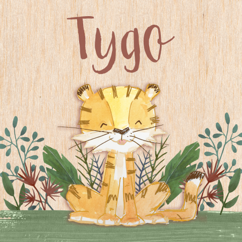 Een echt houten geboortekaartje met een lieve stoere tijger