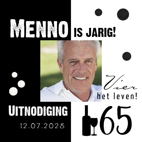 Uitnodiging voor 65e verjaardag in zwart wit met foto