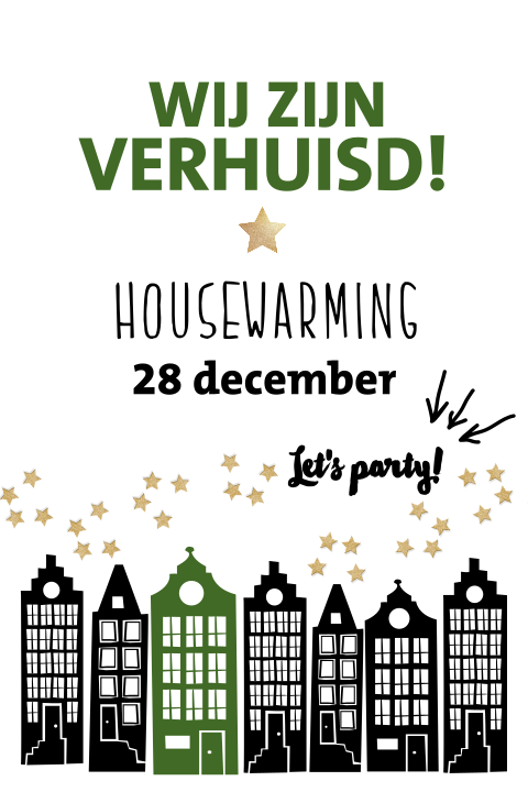 Kerst verhuiskaart met groene letters en gouden sterren