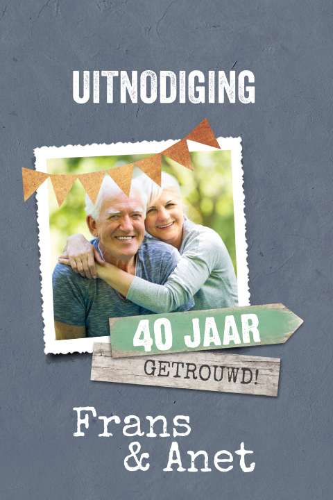 40 jaar getrouwd uitnodiging, slinger en foto op blauw